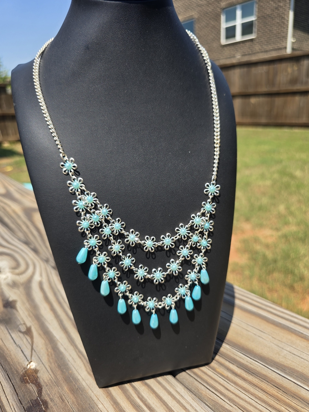 Turquoise Teardrop Floral Bib Necklace - Silver-Tone